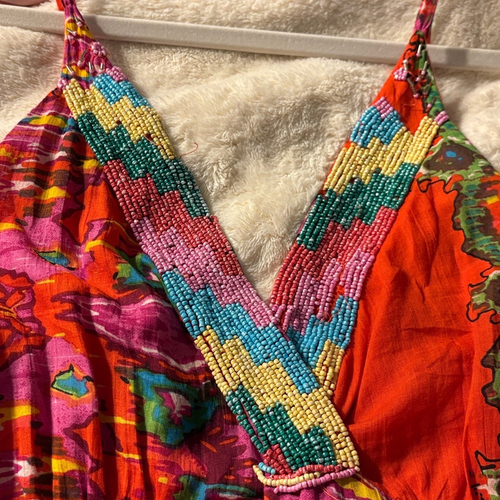 Anthropologie Barok Paris Beaded Tiered Maxi Dress Orange Pink Boho Small - Picture 14 of 14